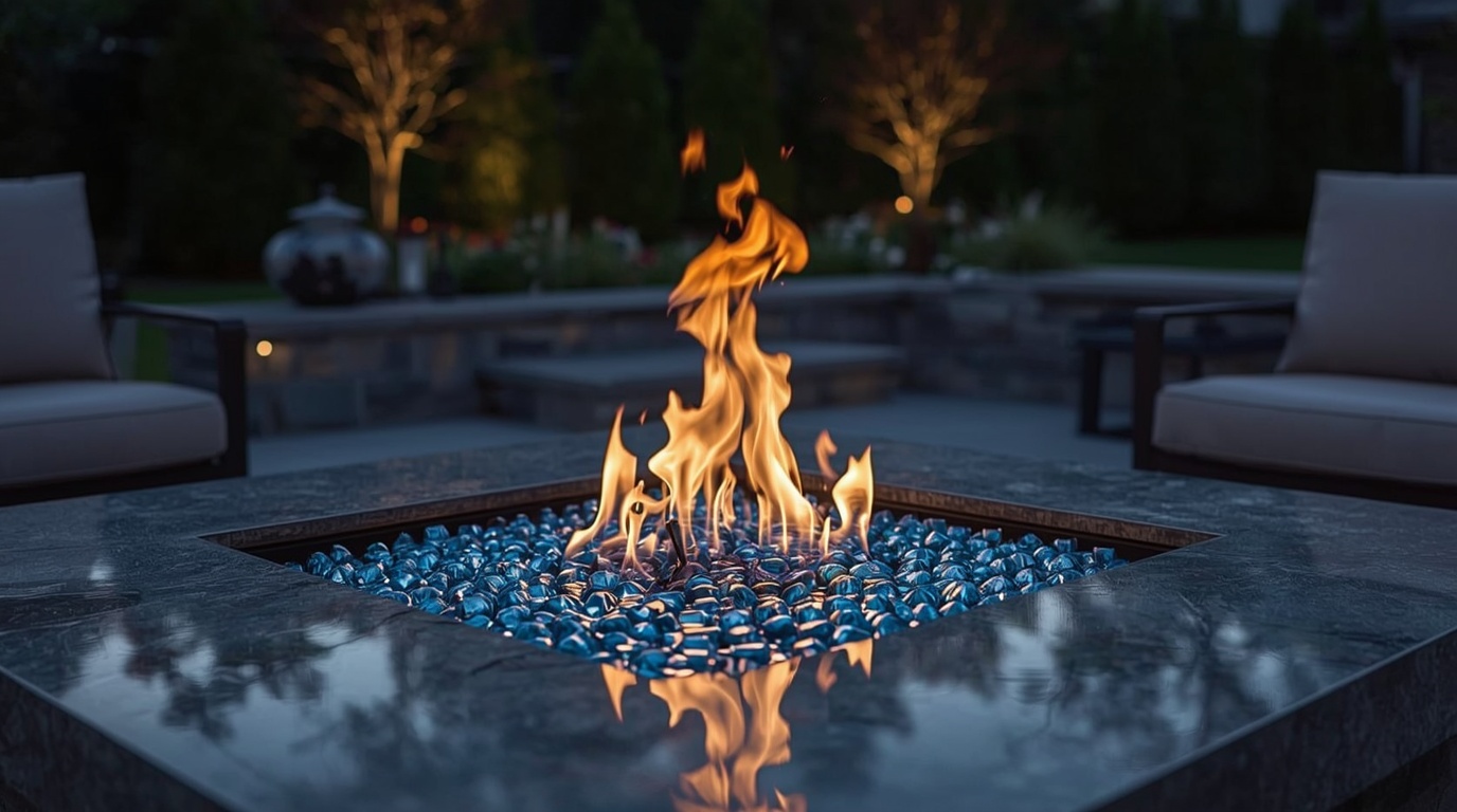 Moderne Gasfeuerstelle mit blauem Feuerglas im Außenbereich