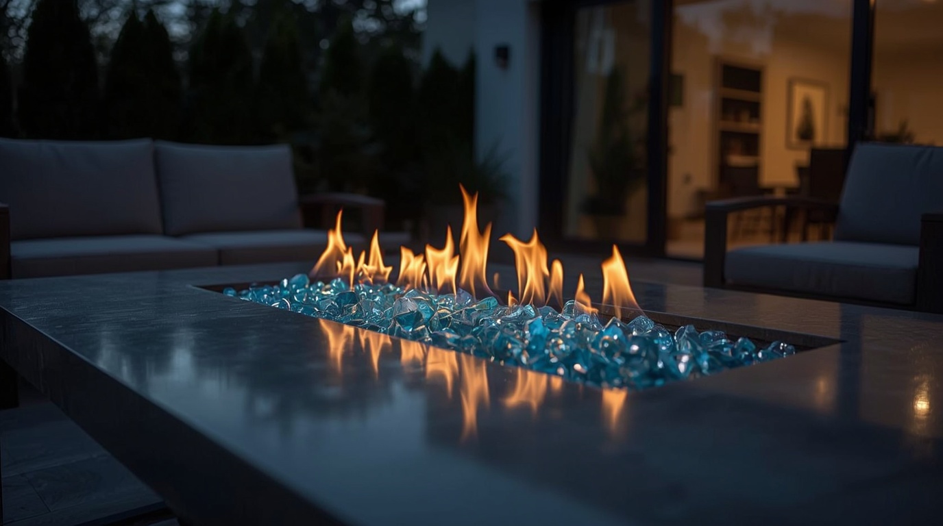 Feuerglas in einem modernen Gas-Feuertisch mit ruhiger Flamme