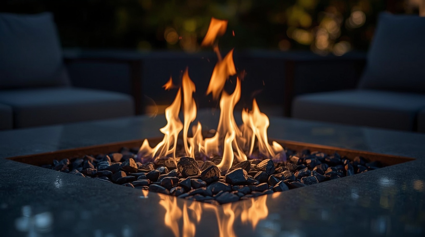 Dunkles Feuerglas in einer Gasfeuerstelle mit ruhiger Flamme